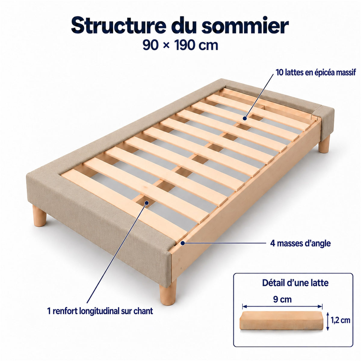 Sommier tapissier déco 90x190 cm Beige - Hauteur 30 cm - Pieds inclus