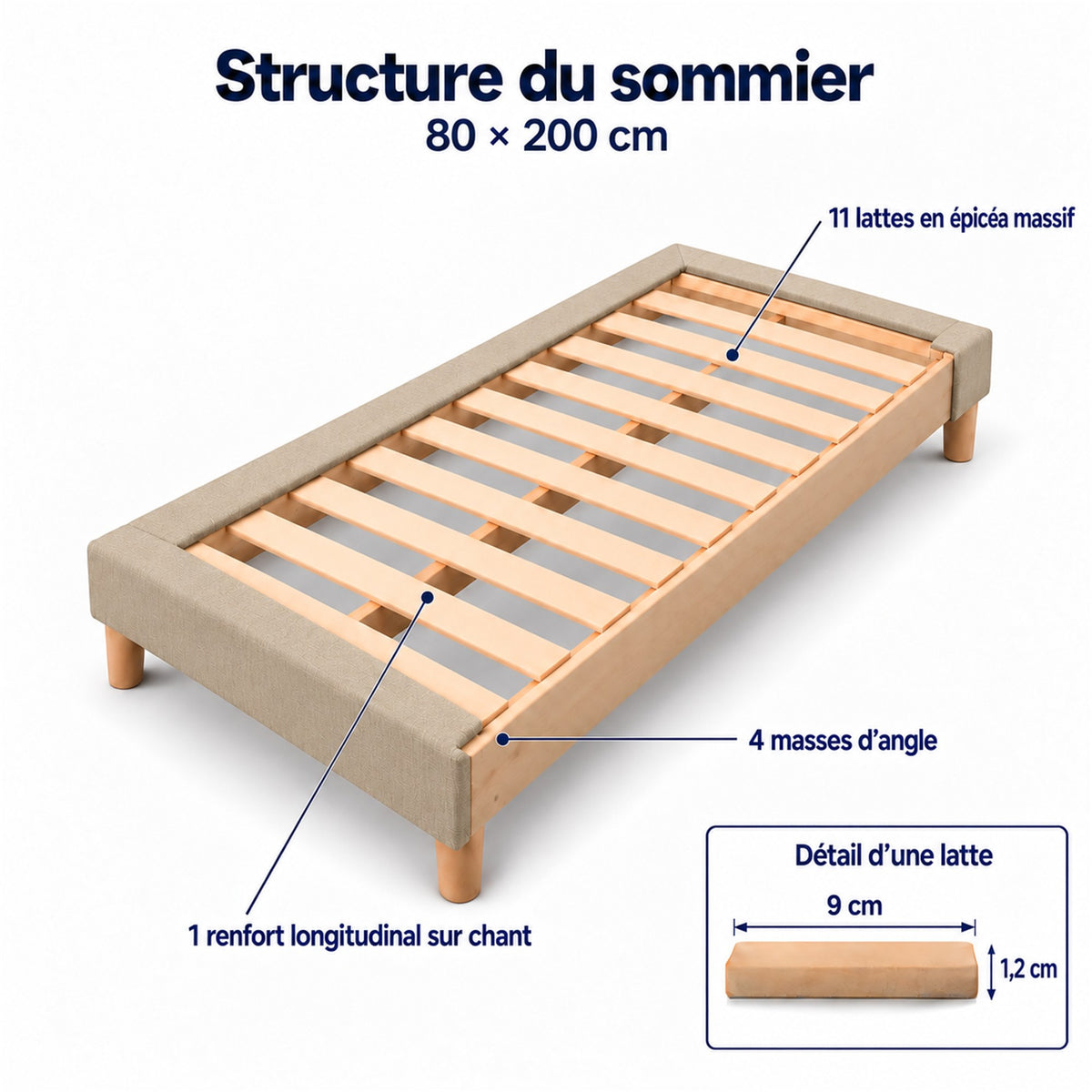 Sommier tapissier déco 80x200 cm Beige - Hauteur 30 cm - Pieds inclus