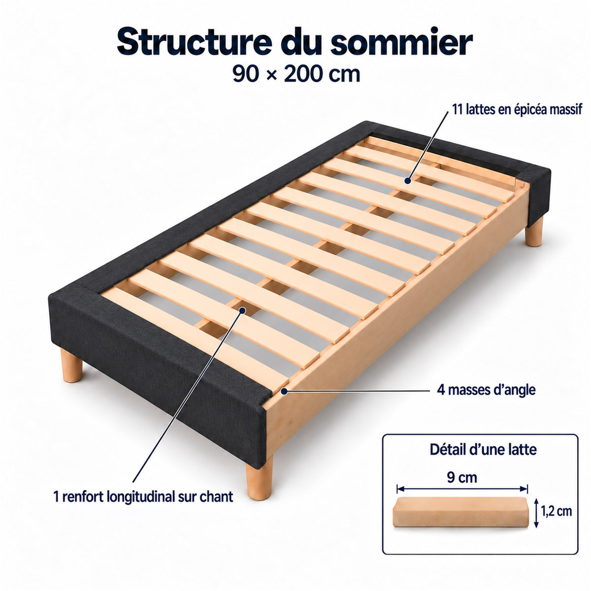 Sommier tapissier déco 90x200 cm Gris - Hauteur 35 cm - Caisse 20 cm - Pieds inclus