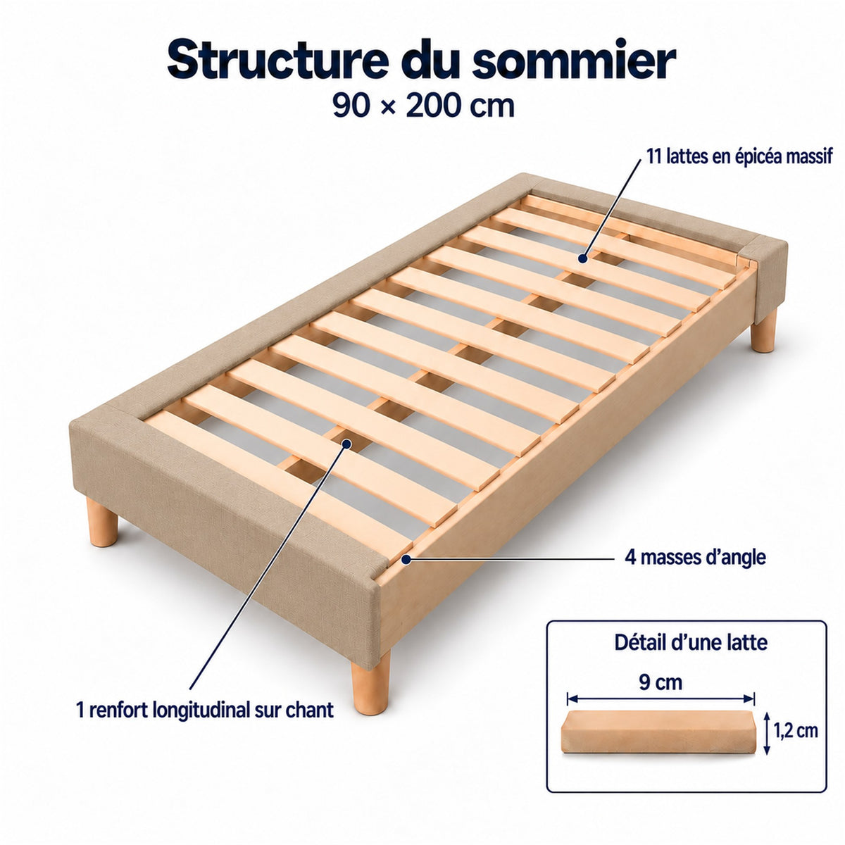 Sommier tapissier déco 90x200 cm Beige - Hauteur 35 cm - Caisse 20 cm - Pieds inclus