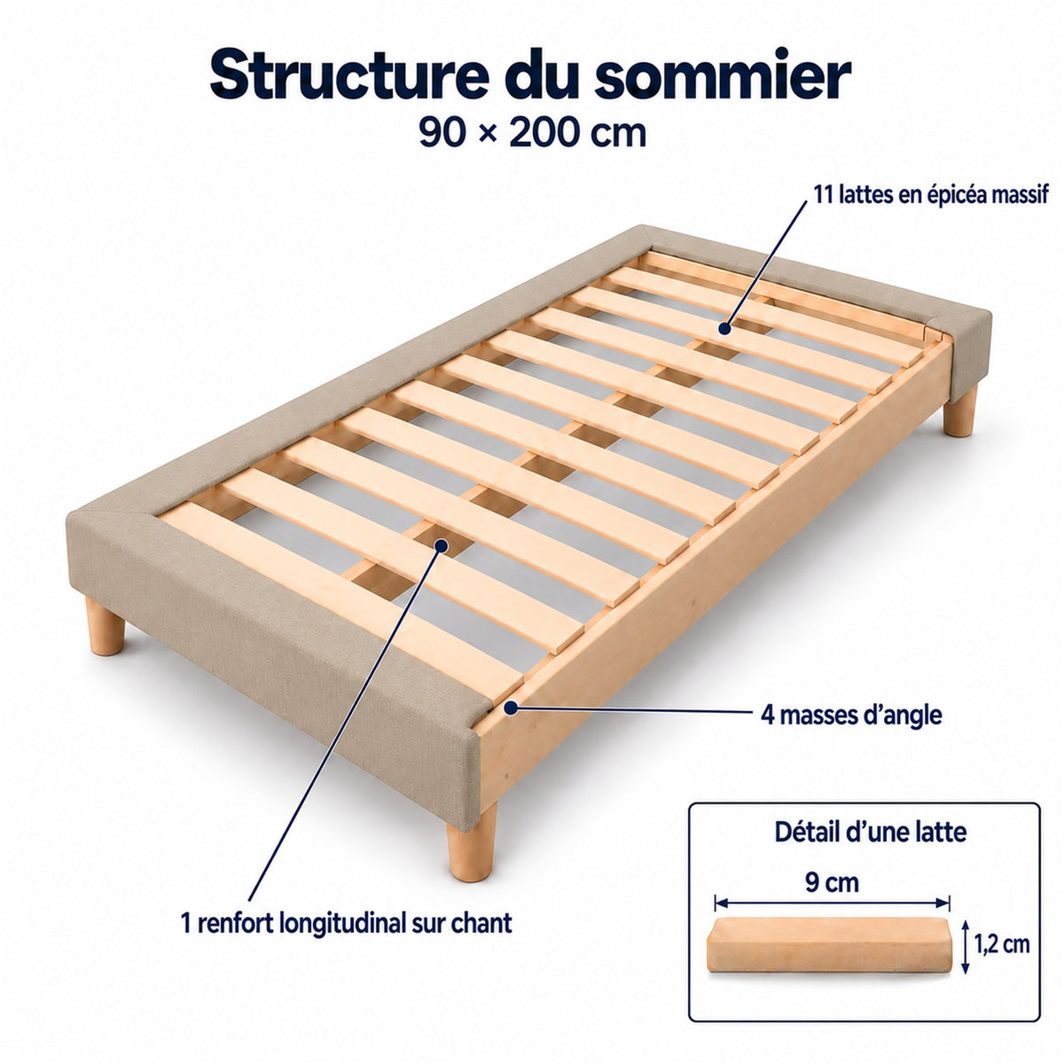 Sommier tapissier déco 90x200 cm Beige - Hauteur 30 cm - Pieds inclus