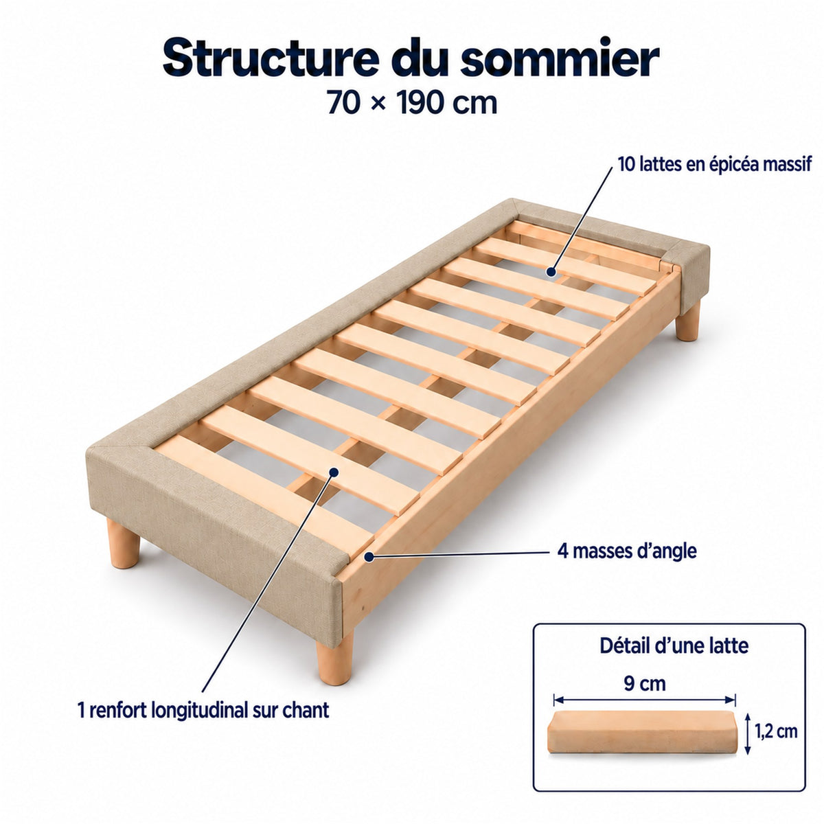 Sommier tapissier déco 70x190 cm Beige - Hauteur 30 cm - Pieds inclus