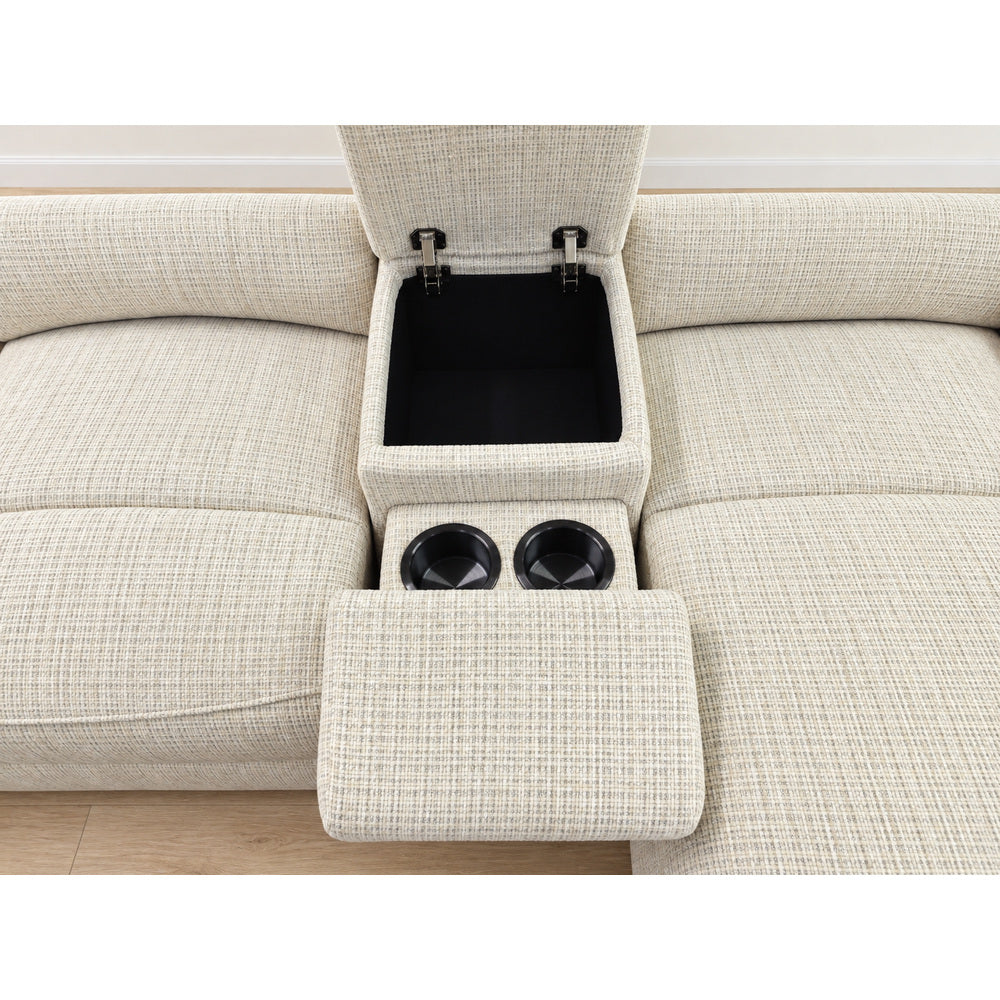 Canapé d’angle droit avec coffre et fonction relax en tissu Cremona beige – Cosmo