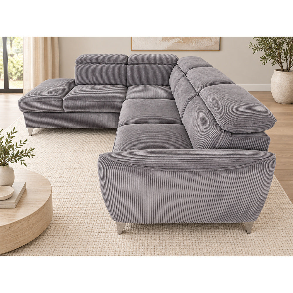 Canapé d’angle gauche convertible avec coffre en tissu côtelé gris – Bari