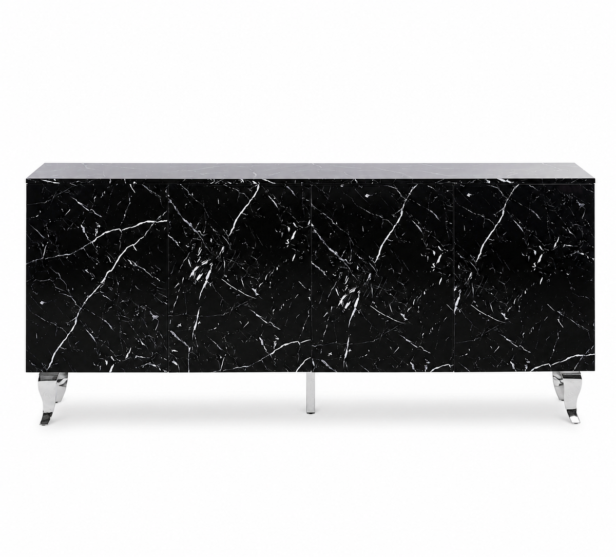 Buffet BAROQUE – Laqué Marbre Noir Pieds Chrome – 4 Portes – 180x40x80 cm