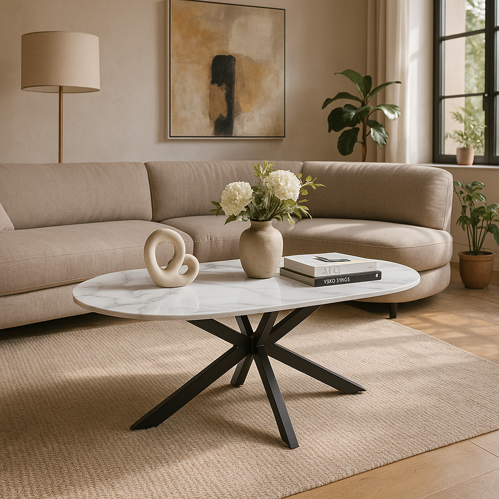 Table basse 120x60 céramique effet marbre blanc pieds métal noir mat