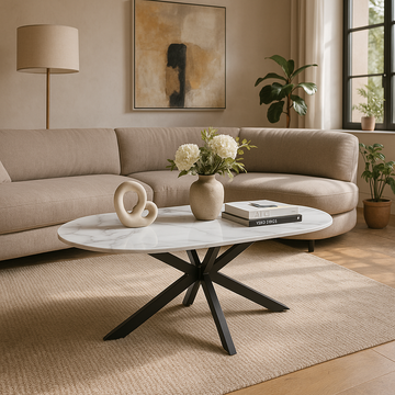 Table basse 120x60 céramique effet marbre blanc pieds métal noir mat