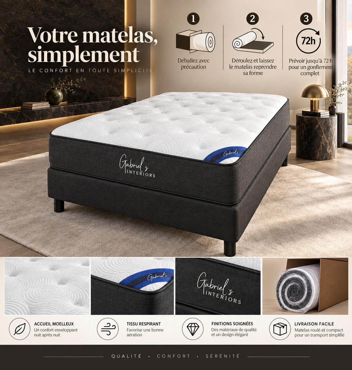 Matelas MERIDIEN à ressorts ensachés 90x190 cm épaisseur 25 cm