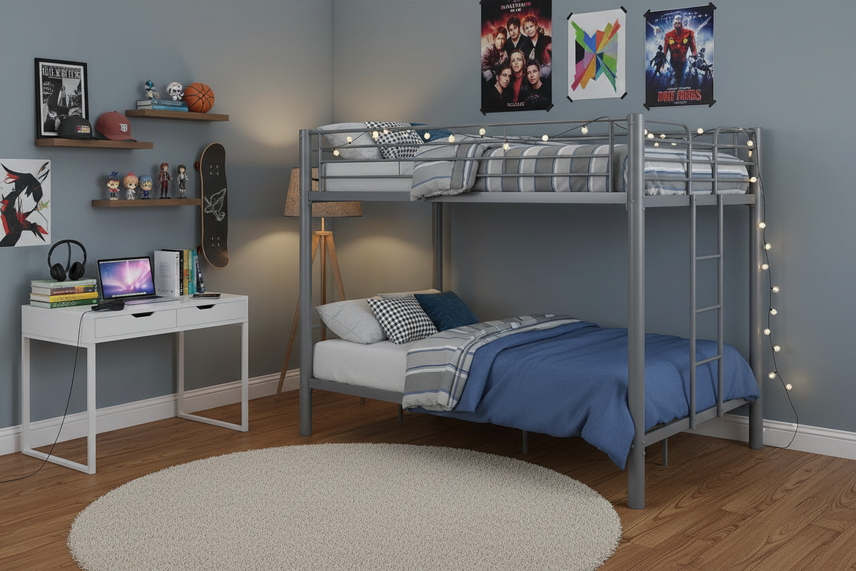 Lit superposé 4 personnes métal gris 140x190 cm sommier inclus COLOSSE