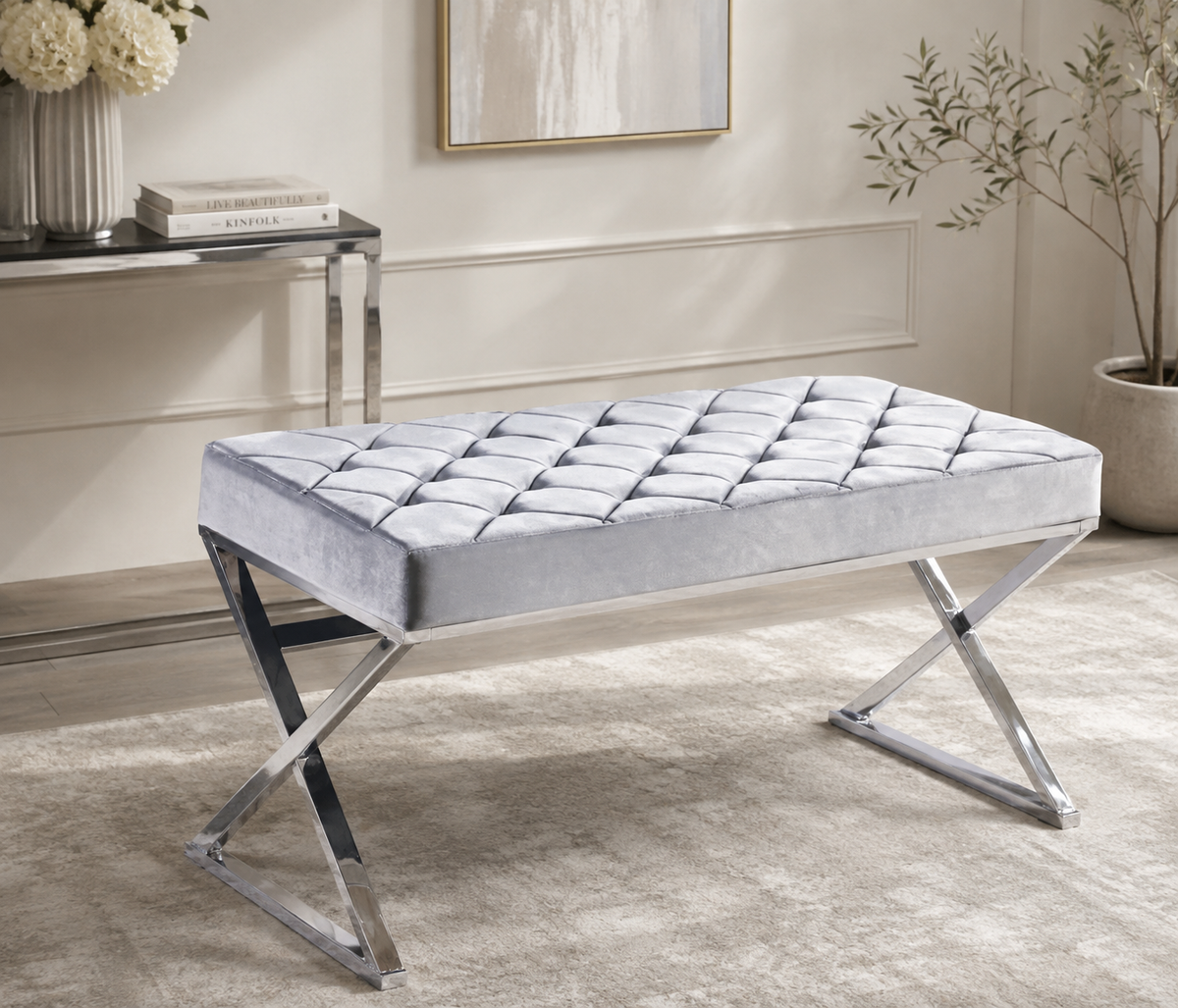 Banquette OLYMPE structure Inox et velours Gris