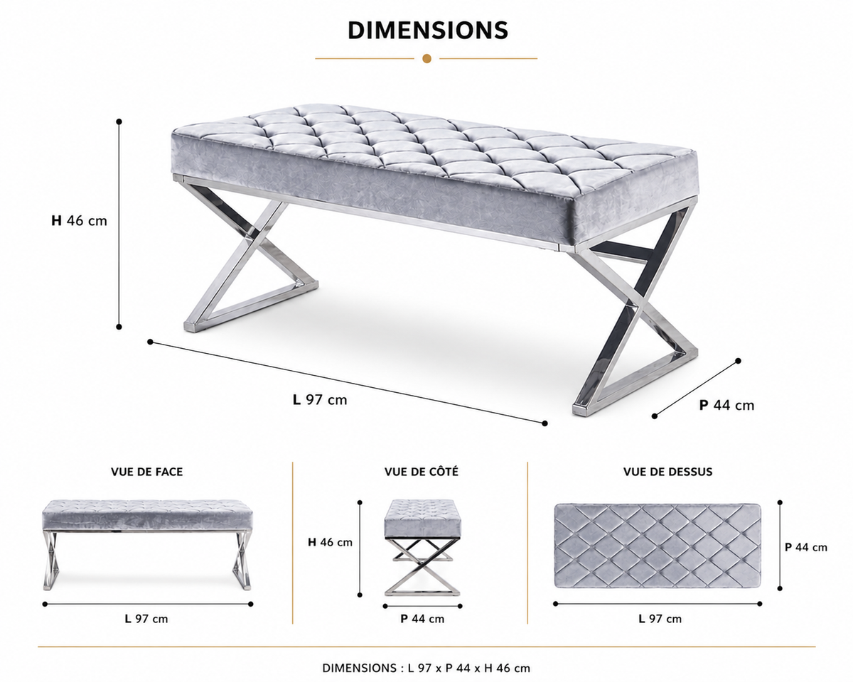 Banquette OLYMPE structure Inox et velours Gris