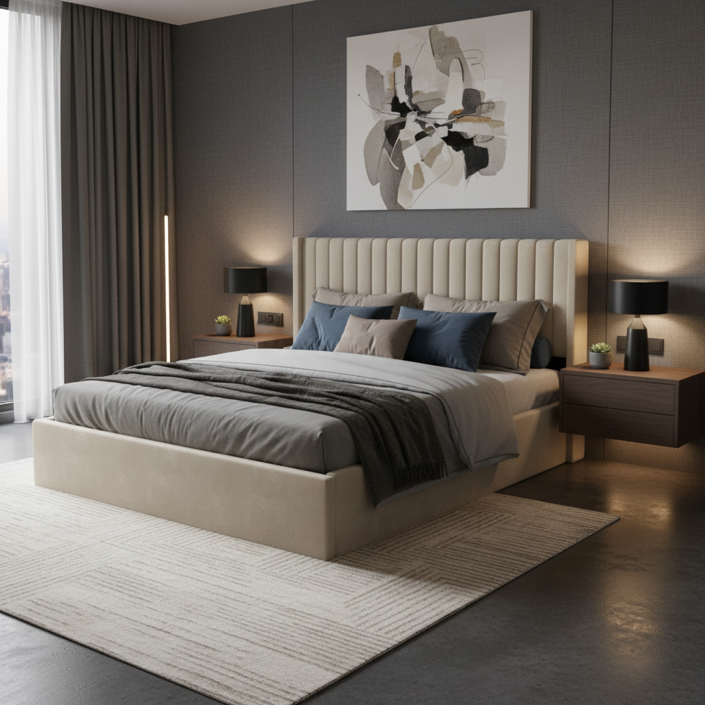 Lit coffre 160x200 – Velours Beige | Sommier Inclus