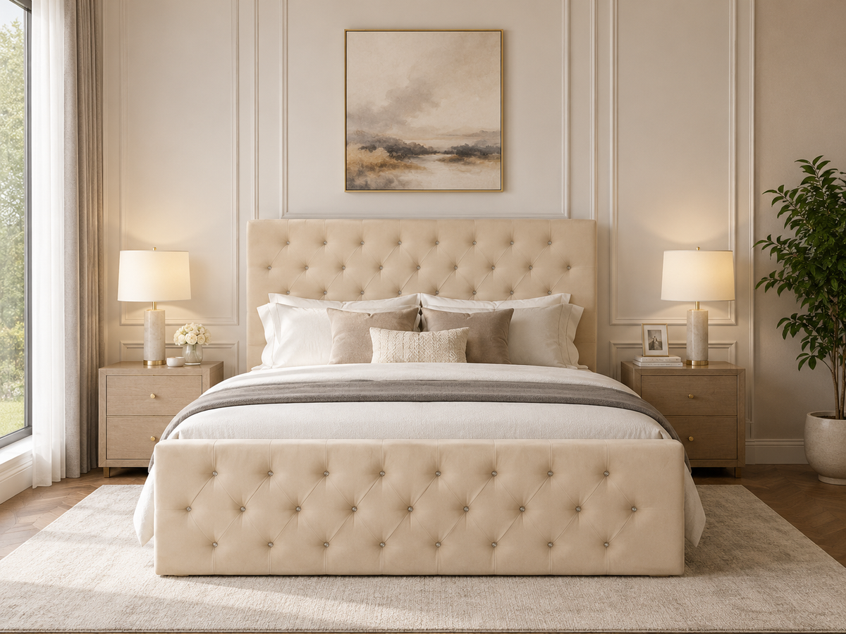 Lit coffre capitonné velours beige 140x190 cm sommier inclus VICTORIA