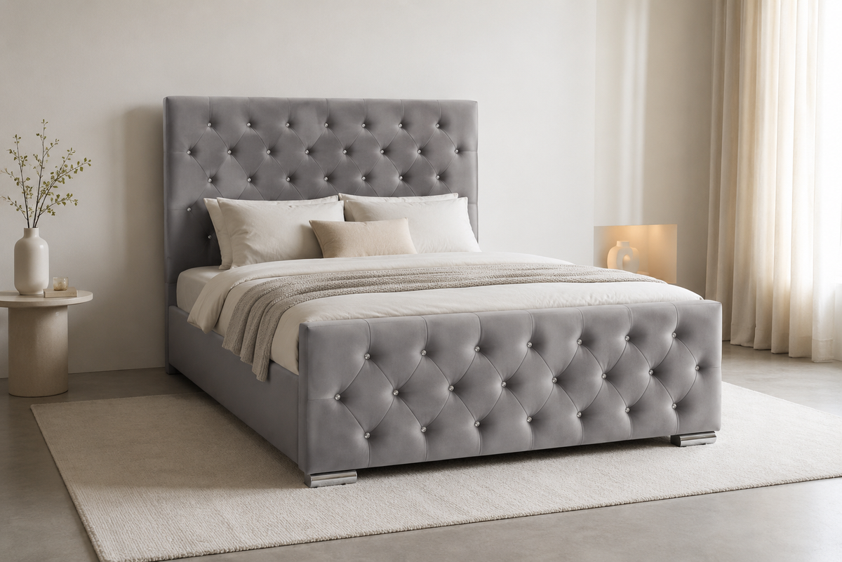 Lit 2 places 140x190 cm velours gris sommier inclus  PRESTIGE #couleur_gris