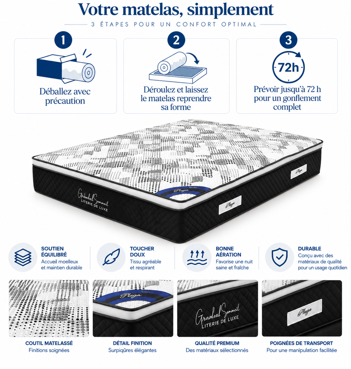 Matelas PLAZA à ressorts ensachés 140x190 cm épaisseur 30 cm