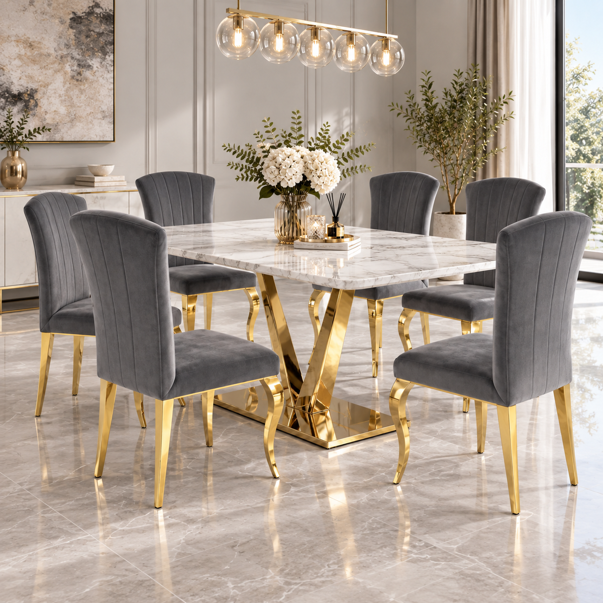 Lot de 6 Chaises baroque LOUIS Gold Velours Anthracite