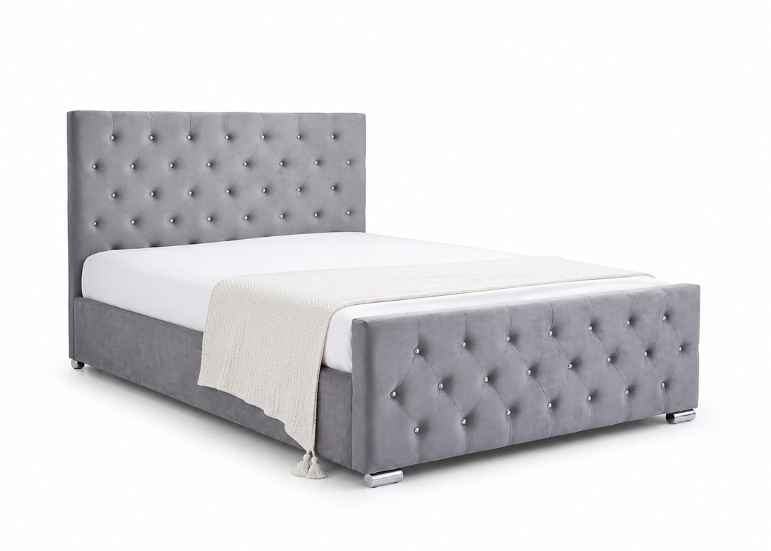 Lit 2 places 140x190 cm velours gris sommier inclus  PRESTIGE
