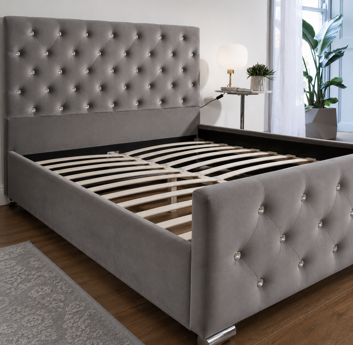 Lit 2 places 140x190 cm velours gris sommier inclus  PRESTIGE