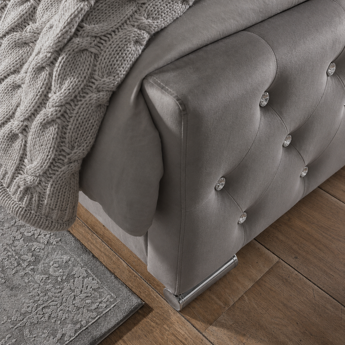 Lit 2 places 140x190 cm velours gris sommier inclus  PRESTIGE