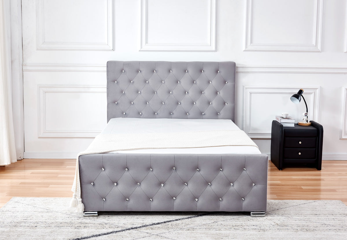Lit 2 places 140x190 cm velours gris sommier inclus  PRESTIGE