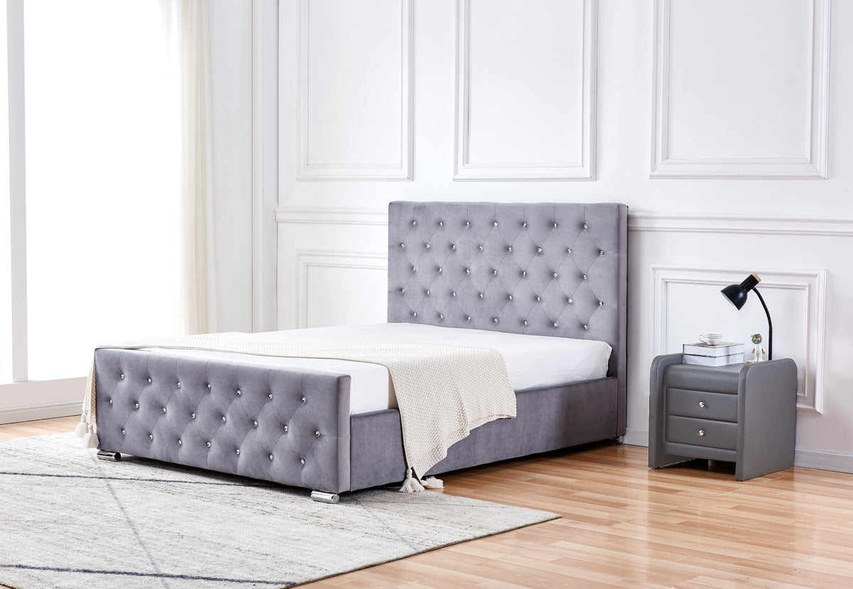 Lit 2 places 140x190 cm velours gris sommier inclus  PRESTIGE