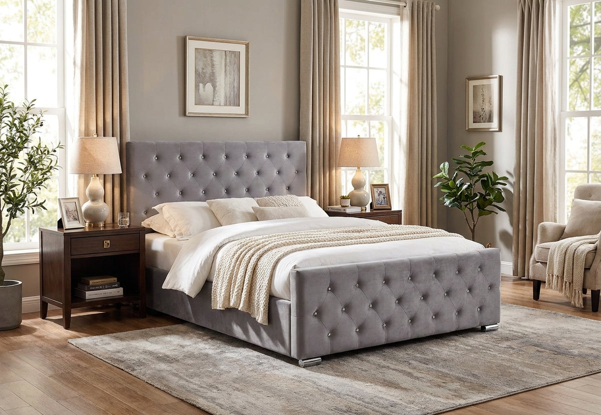 Lit 2 places 140x190 cm velours gris sommier inclus  PRESTIGE