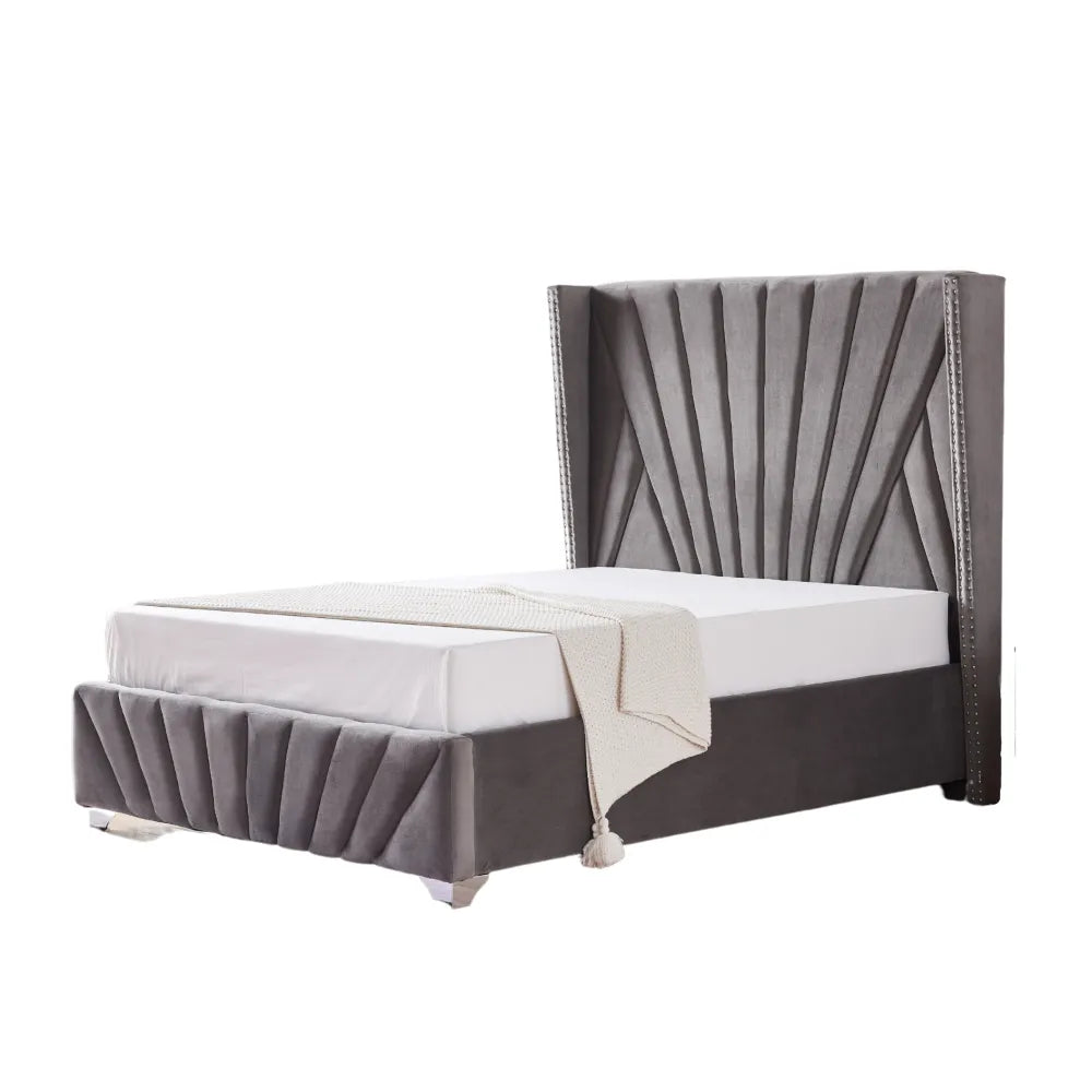 Lit 2 places 140x190 cm velours gris sommier intégré BONIFACIO