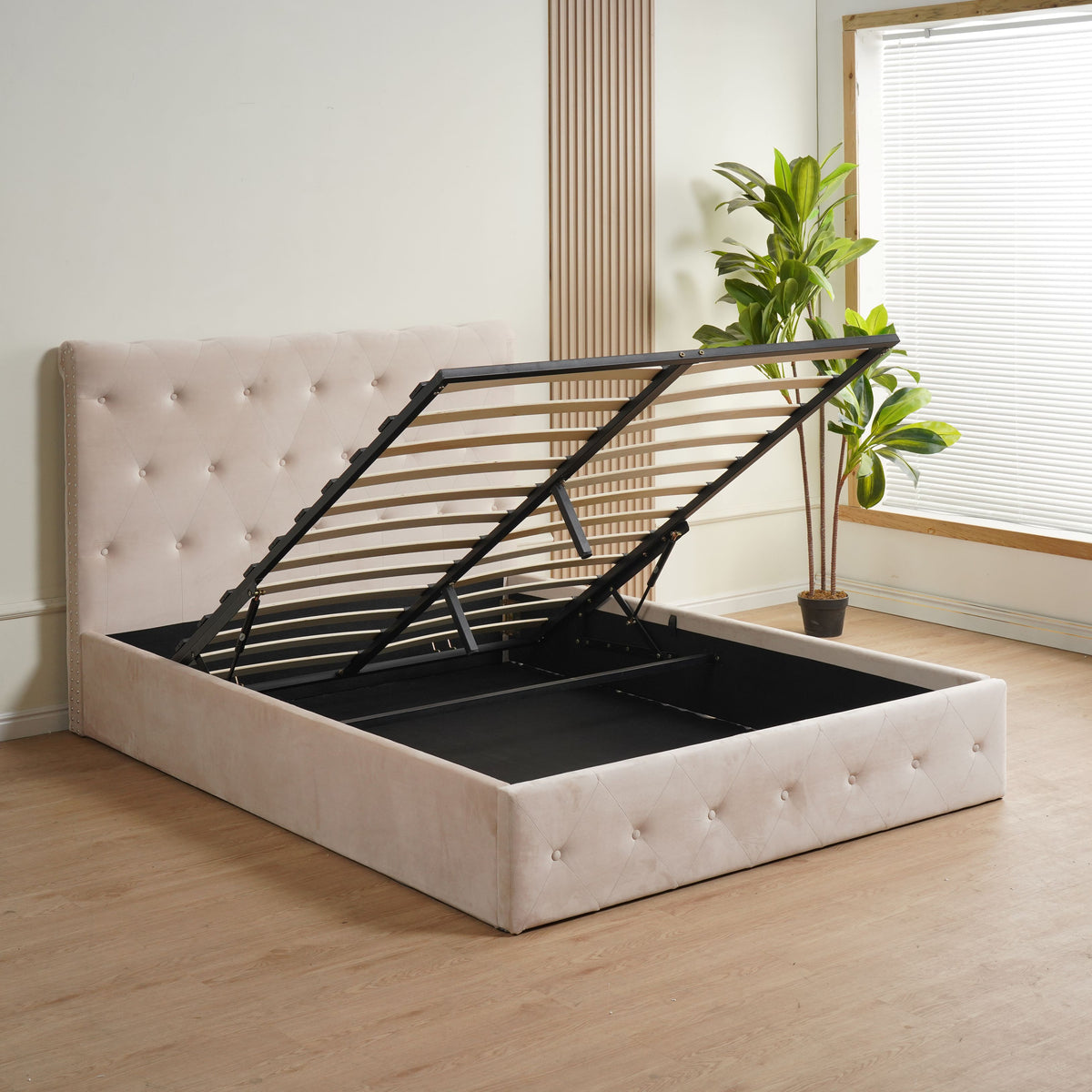 Lit coffre 2 places en velours beige 180x200cm CORSICA