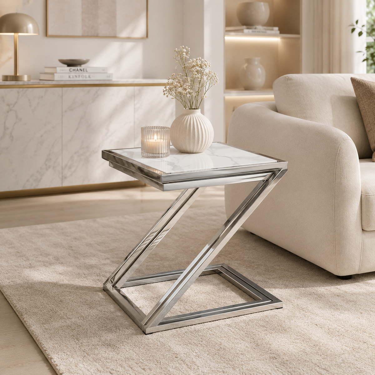 Guéridon Gigogne Z Chrome & Céramique Marbre Blanc – 45x45 / 40x40 / 35x35 cm #couleur_marbre_blanc
