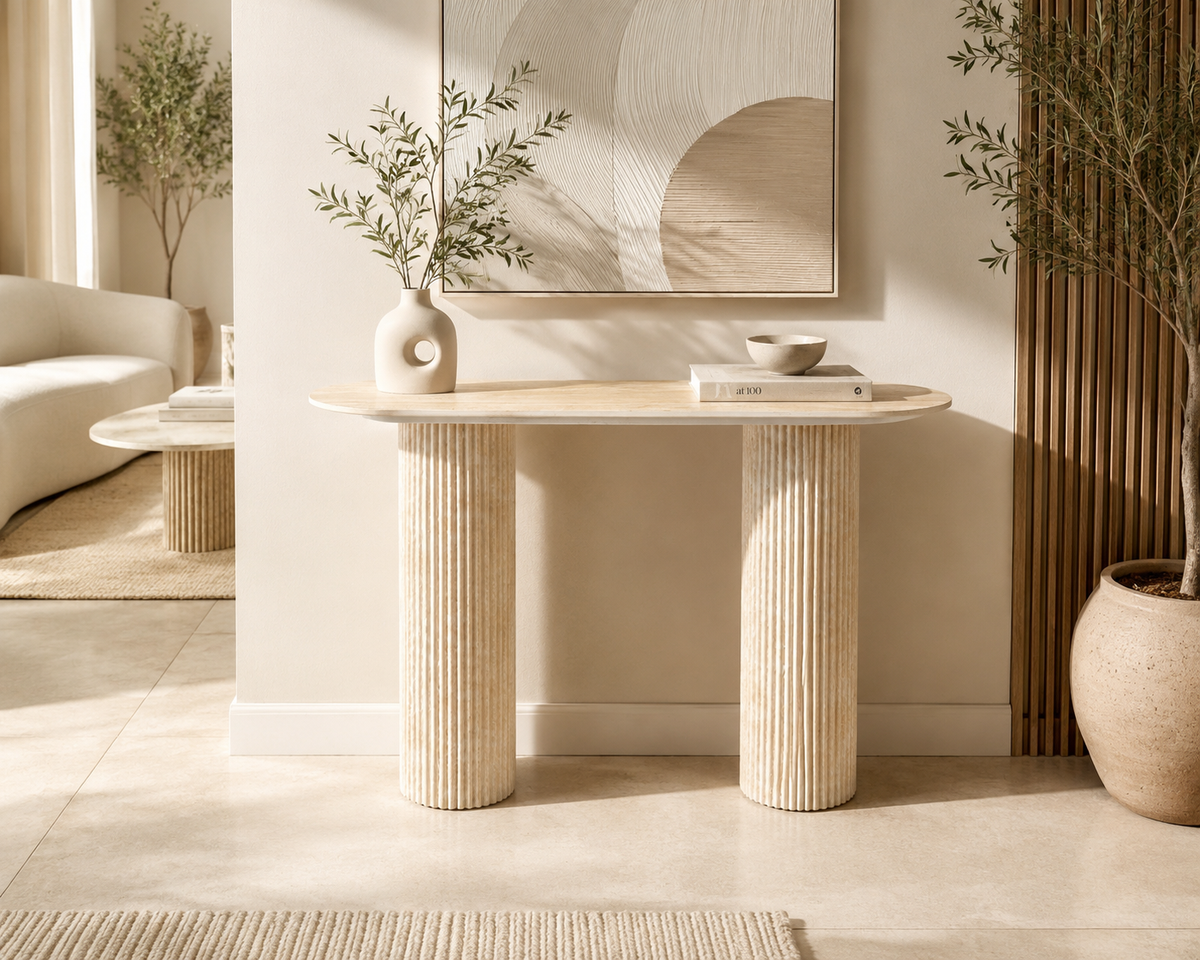 Console céramique travertin pieds métal travertin 120x40x78 cm ROXY