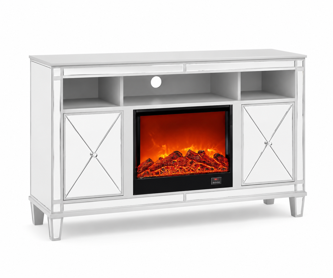 Meuble TV SPEZIA avec cheminée intégrée 150x40x90 cm #couleur_miroir