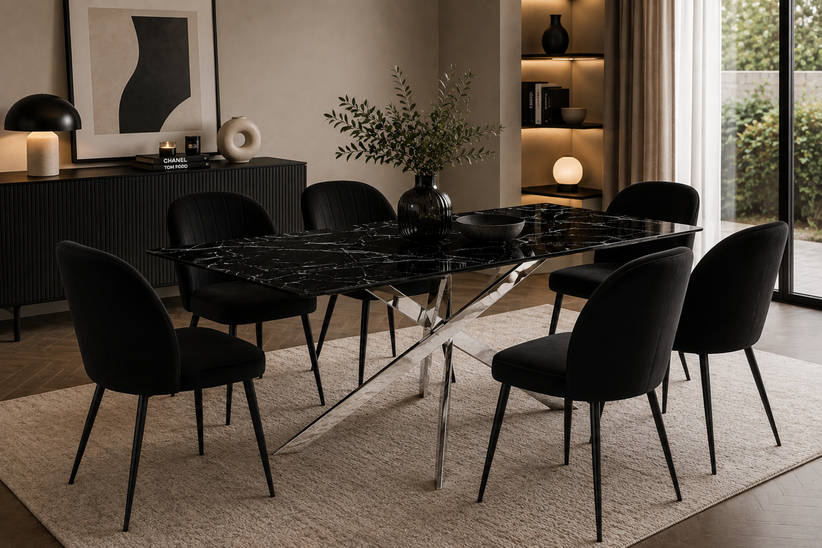 Table Repas JESSICA XXL Chrome et plateau en verre MARBRE NOIR 180 cm 6 à 8 couverts