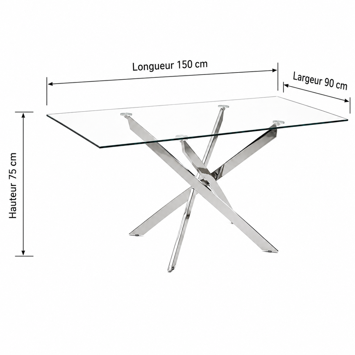 Table Repas JESSICA Chrome et plateau en verre 150 cm 4 à 6 couverts transparent