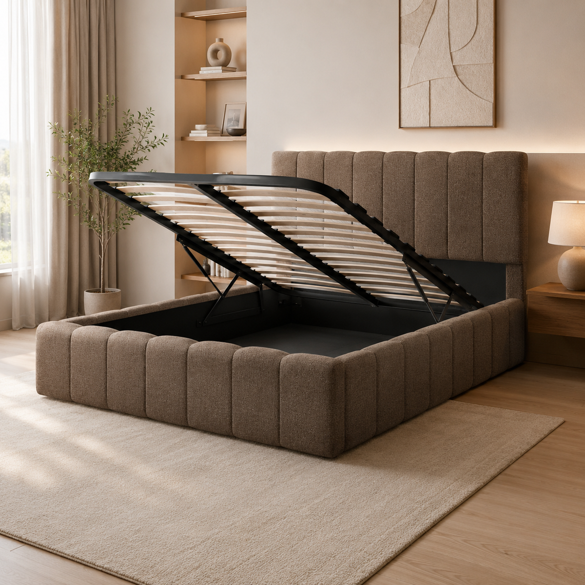 Lit Coffre 160x200 cm – Tissu Chenille Moka, Sommier à Lattes Inclus