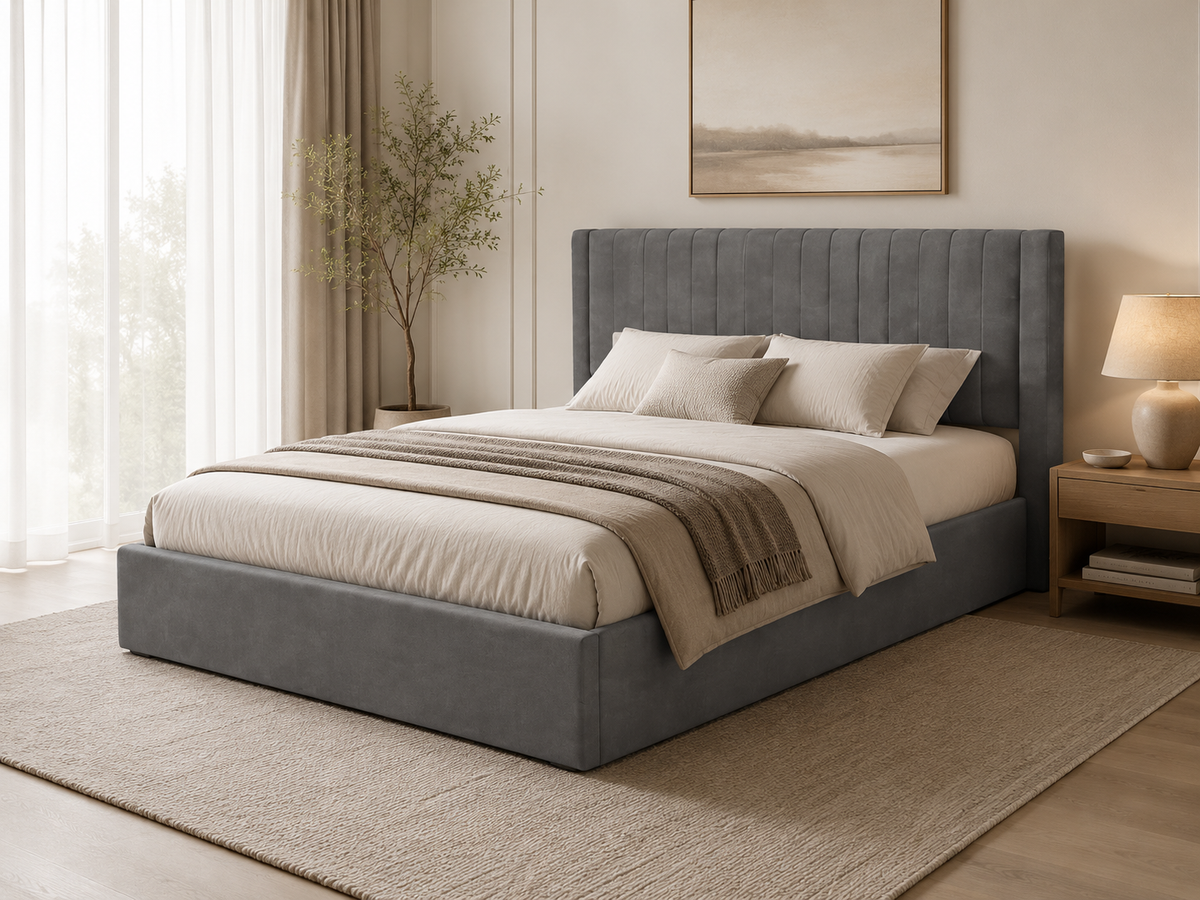 Lit Coffre 160x200 – Velours Gris Sommier Inclus #couleur_gris