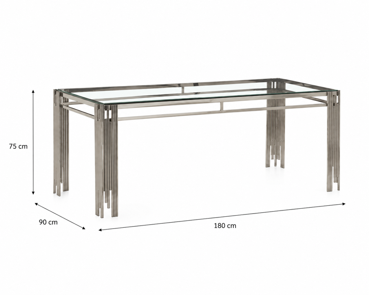 Table à manger XXL FLUTE Chrome Plateau en verre Marbré TRANSPARENT 180 cm