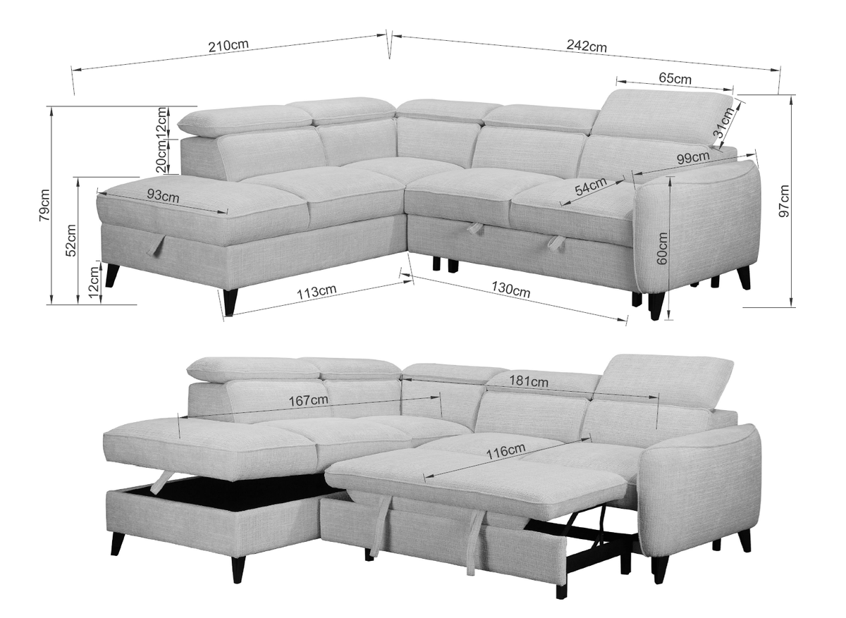 Canapé d’angle gauche convertible avec coffre en tissu côtelé beige – Bari
