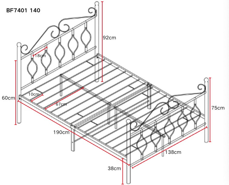 Lit 2 Places JULIE en Métal Noir – 140x190 cm avec Sommier Inclus