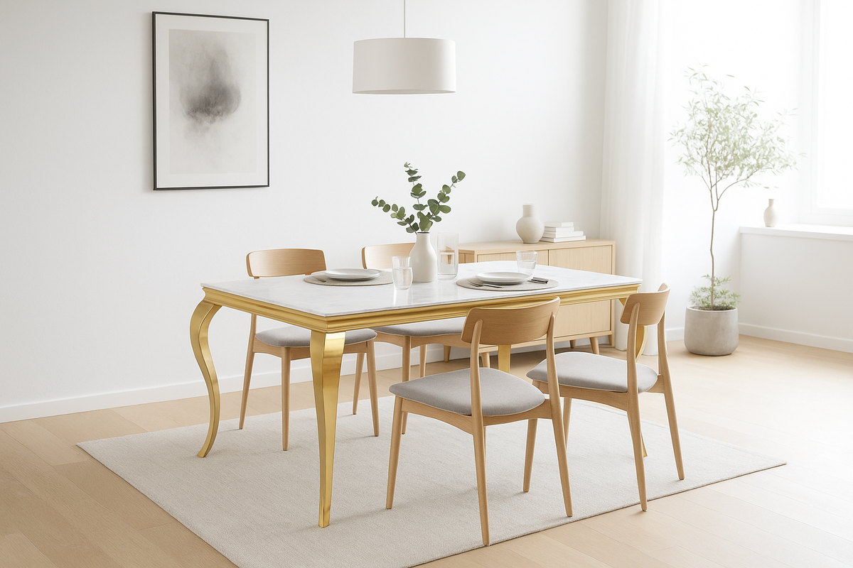 Table à manger BAROQUE 6 à 8 couverts 180x90 cm pieds gold plateau en verre effet marbré blanc