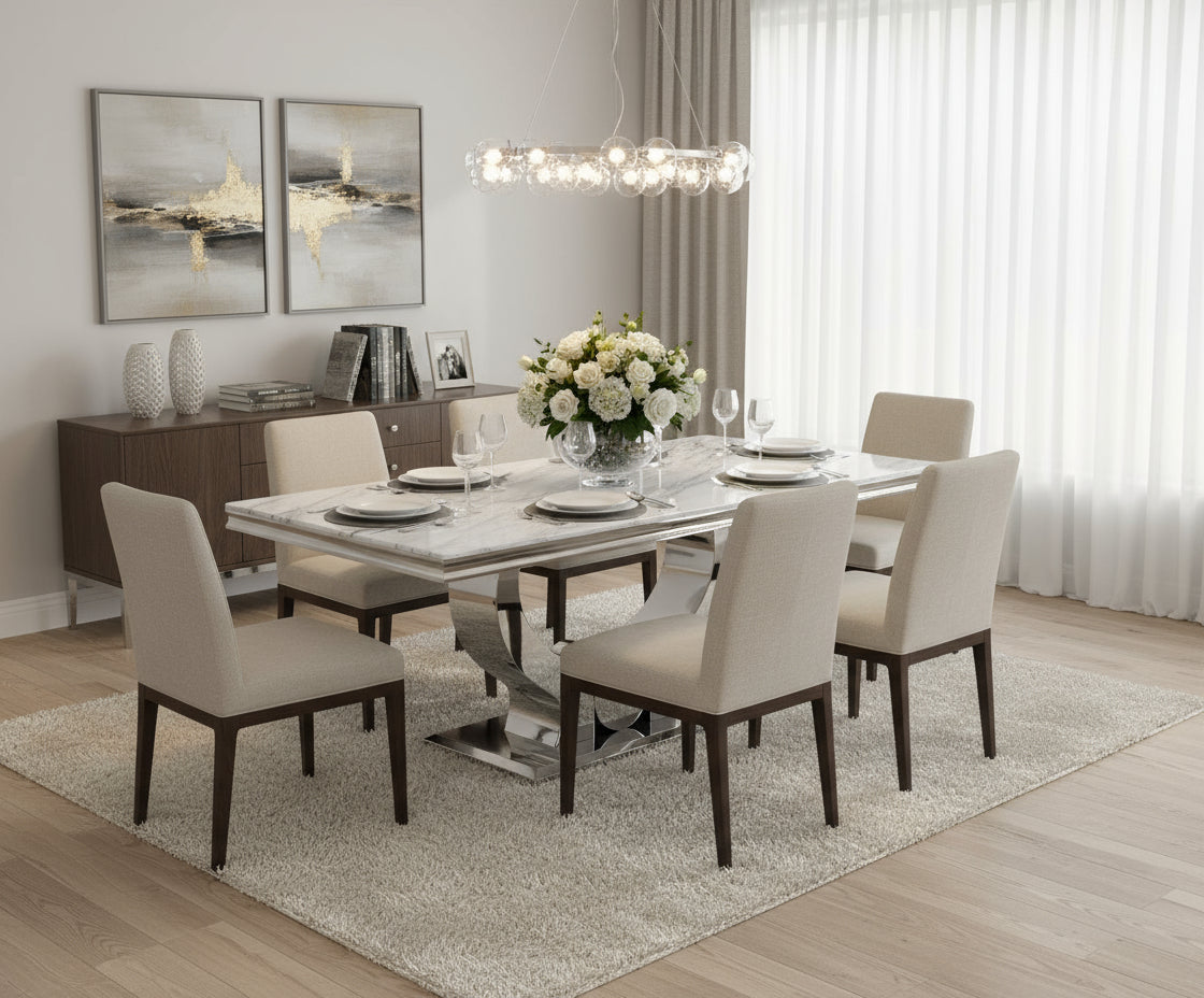 Table à manger verre marbré blanc pied métal chrome 150x90 cm TROFY