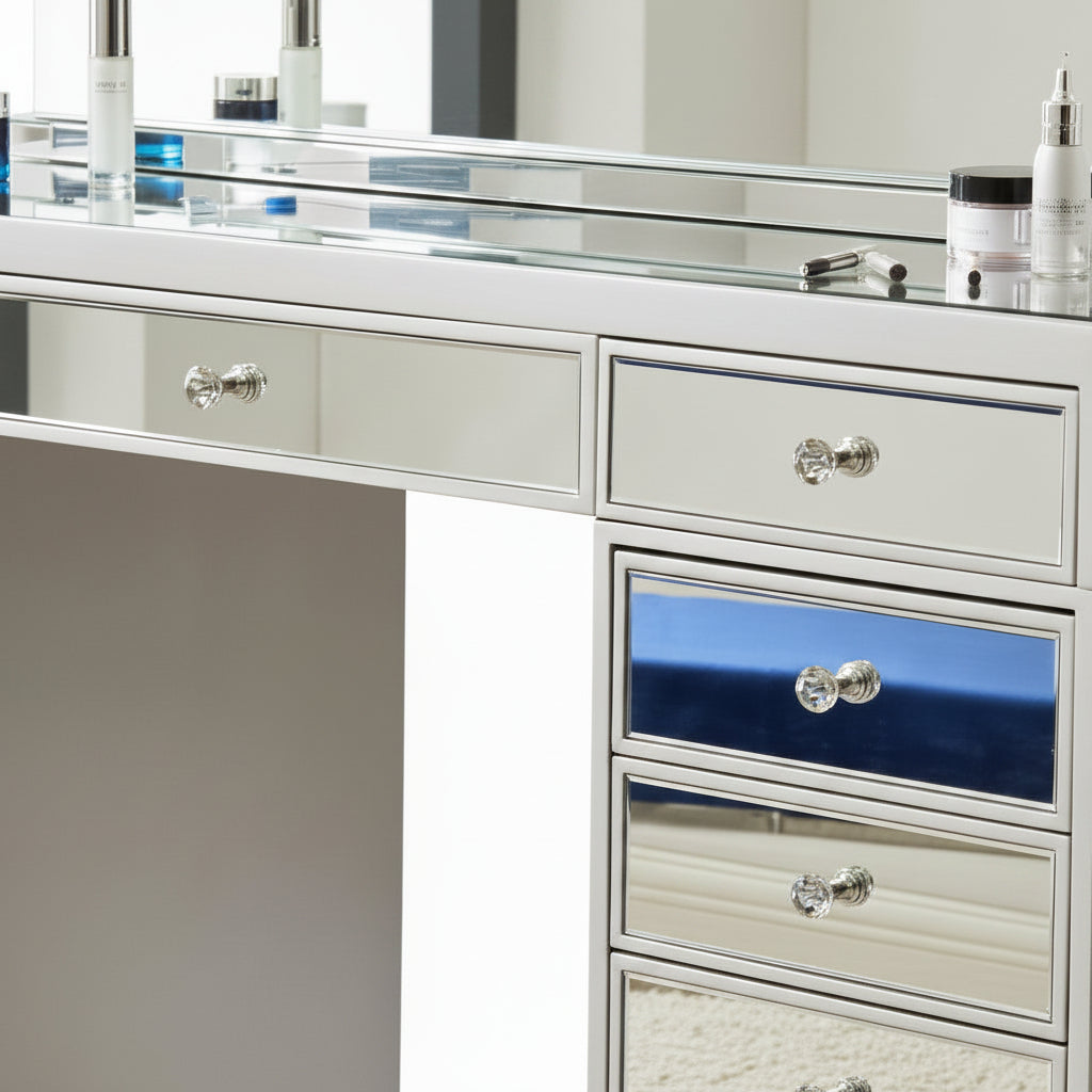 Coiffeuse miroir avec LED et tiroirs - finition miroir 130 cm