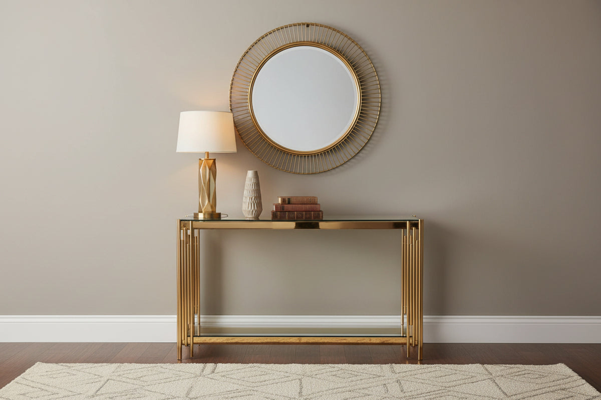 Console FLUTE Gold plateau en verre 120x40x78 cm #couleur_transparent