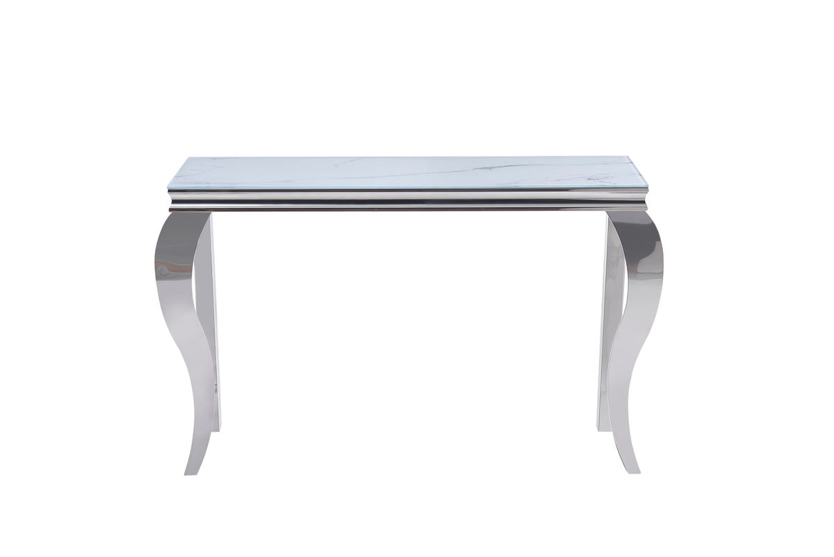 CONSOLE BAROQUE CHROME VERRE MARBRE BLANC 120X40X78