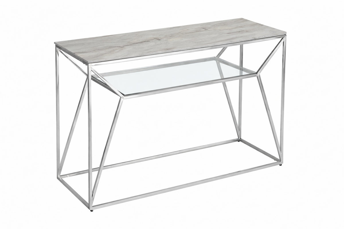 Console métal chrome plateau verre effet marbré blanc 120x40x78 cm CHERYL