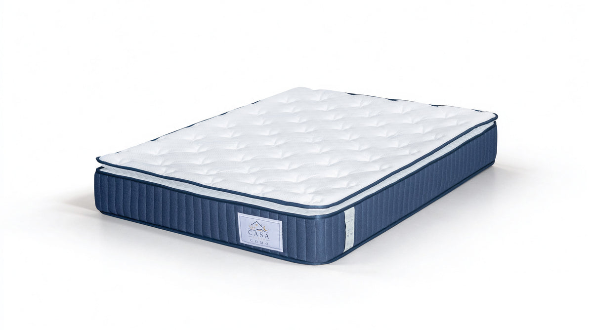 Matelas 140 × 190 cm blanc/bleu — Matelas seul, vue de trois quarts