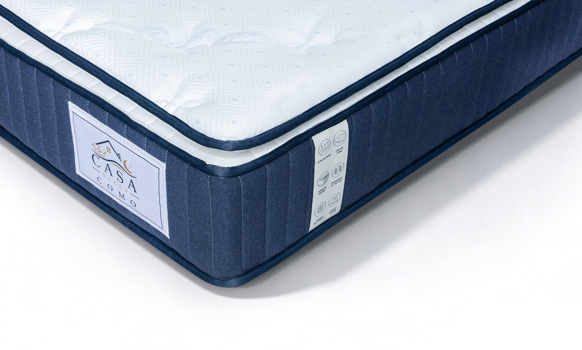Matelas 140 × 190 cm blanc/bleu — Détail du revêtement et des finitions