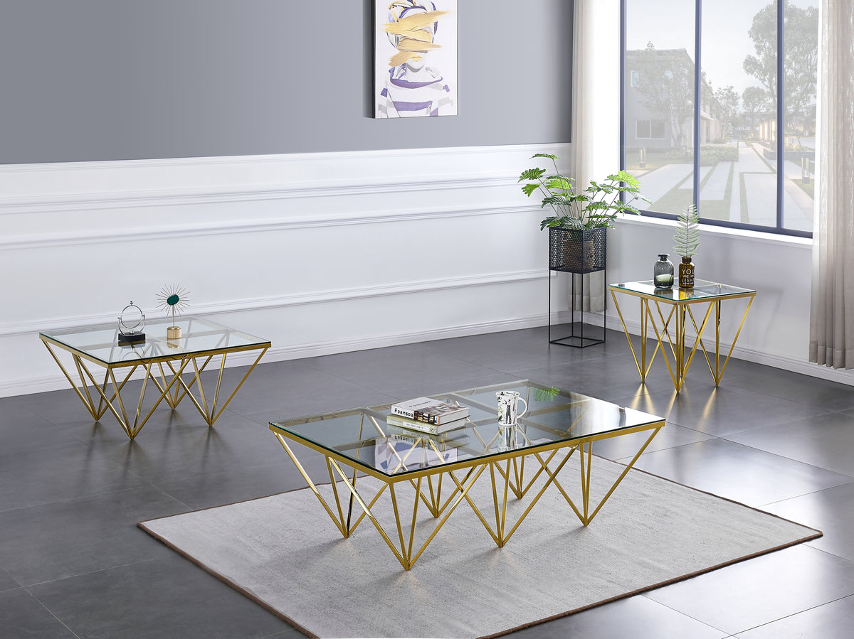Table Basse Carrée GIZE Verre Trempé Transparent Pieds Gold 80x80x45cm