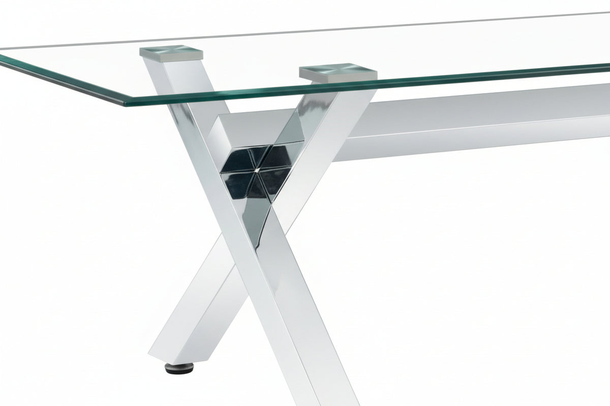 Table Basse IXE Métal Chrome Plateau Verre Trempé Transparent 120x60x45cm