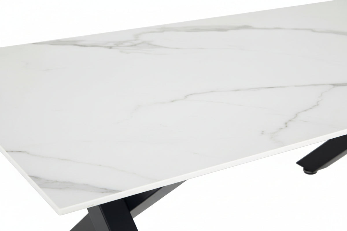 Table Basse IXE Métal Chrome Plateau Verre Trempé Marbré Blanc 120x60x45cm
