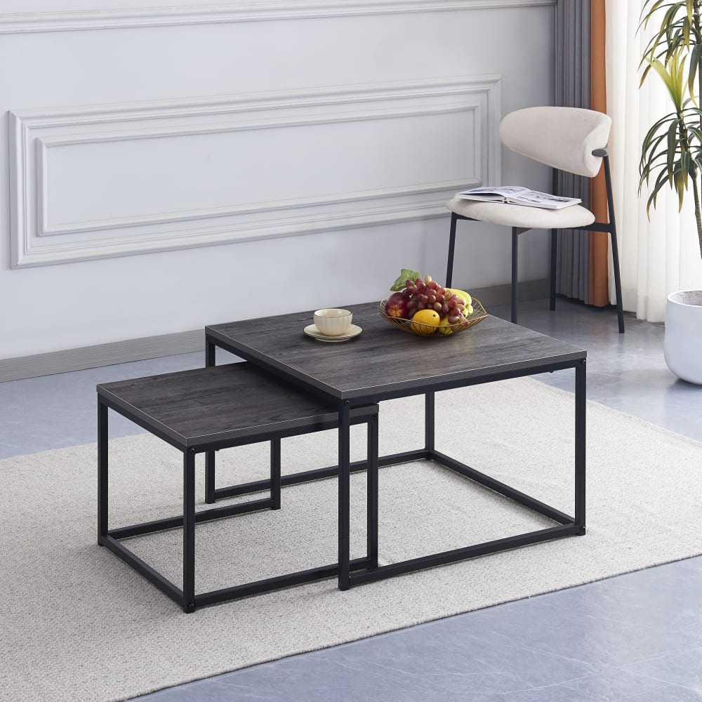 Lot 2 Tables Basses Gigognes BELGRADE Métal Noir Plateau Bois Gris 70x70x46 / 50x50x40cm